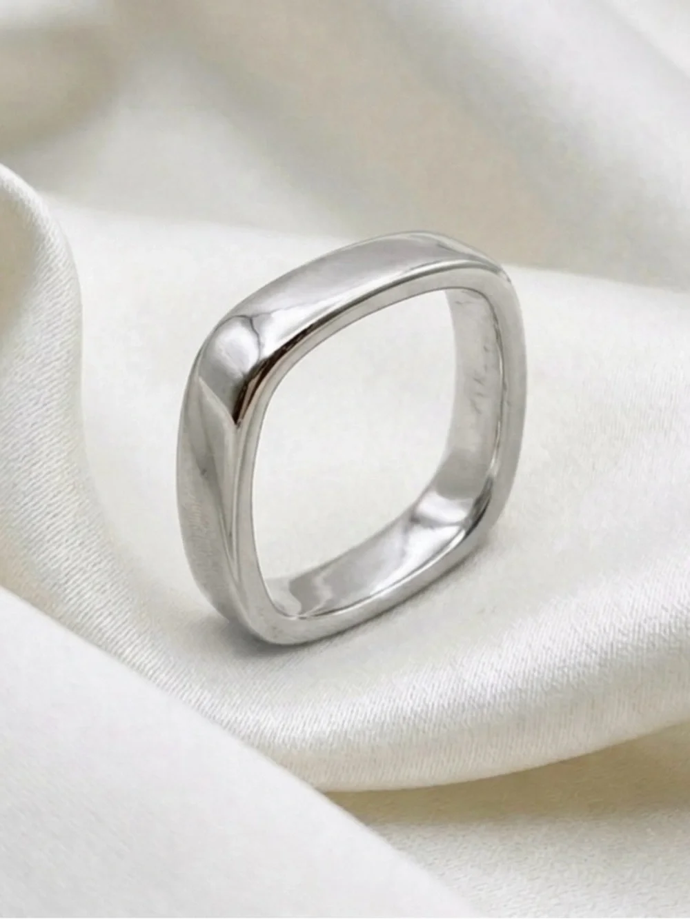 Platinum Plated Modern Square Silver Edge Band Ring  | Minimalist Elegant Ring